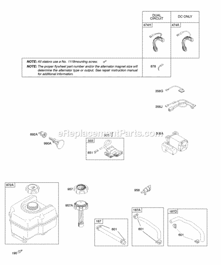 Alternator Electric Starter Fuel Supply Ignition Diagram and Parts List for 20E414-0162-E1  Briggs and Stratton Engine